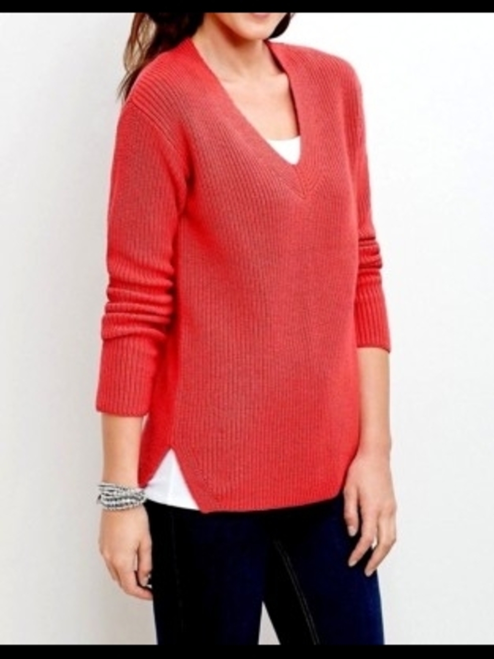 J. Jill Coral Ribbed V-Neck Sweater